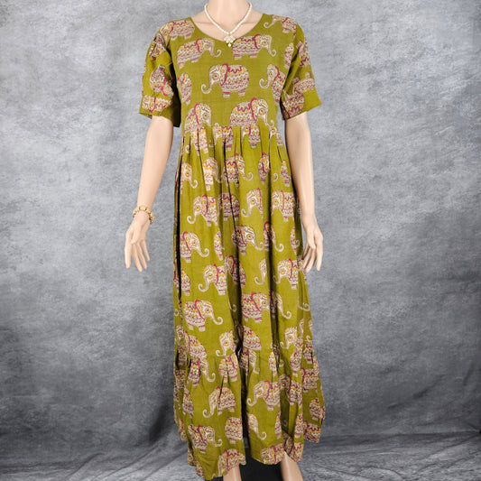 Mehendi Green Elephant Kalamkari Frock