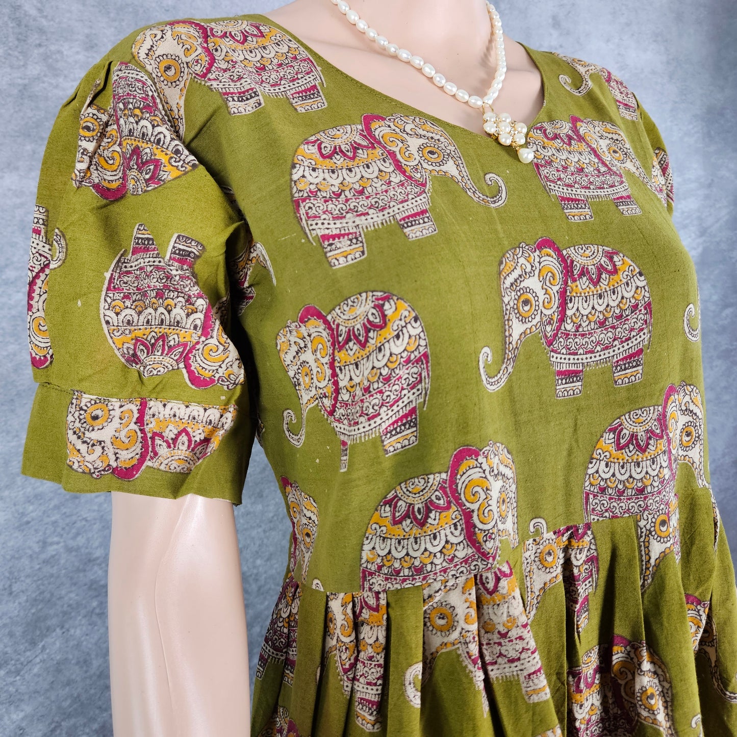 Mehendi Green Elephant Kalamkari Frock