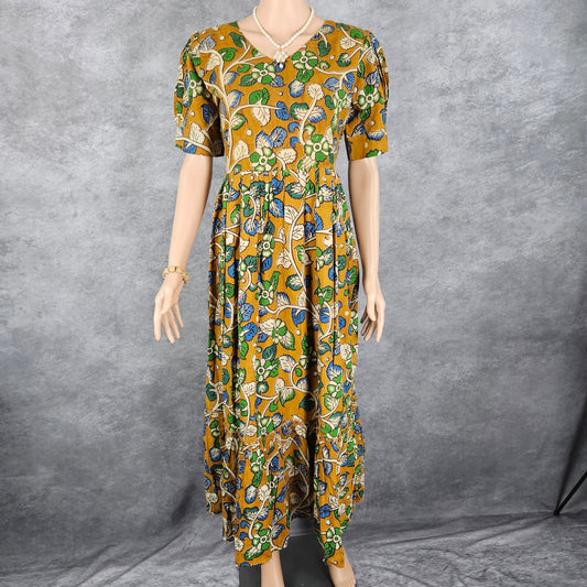 Brown Green Floral Kalamkari Frock
