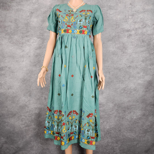 Sapphire Green Embroidery Kora Frock