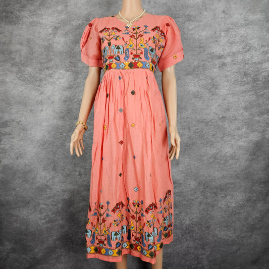 Pastel Peach Kora Embroidery Frock