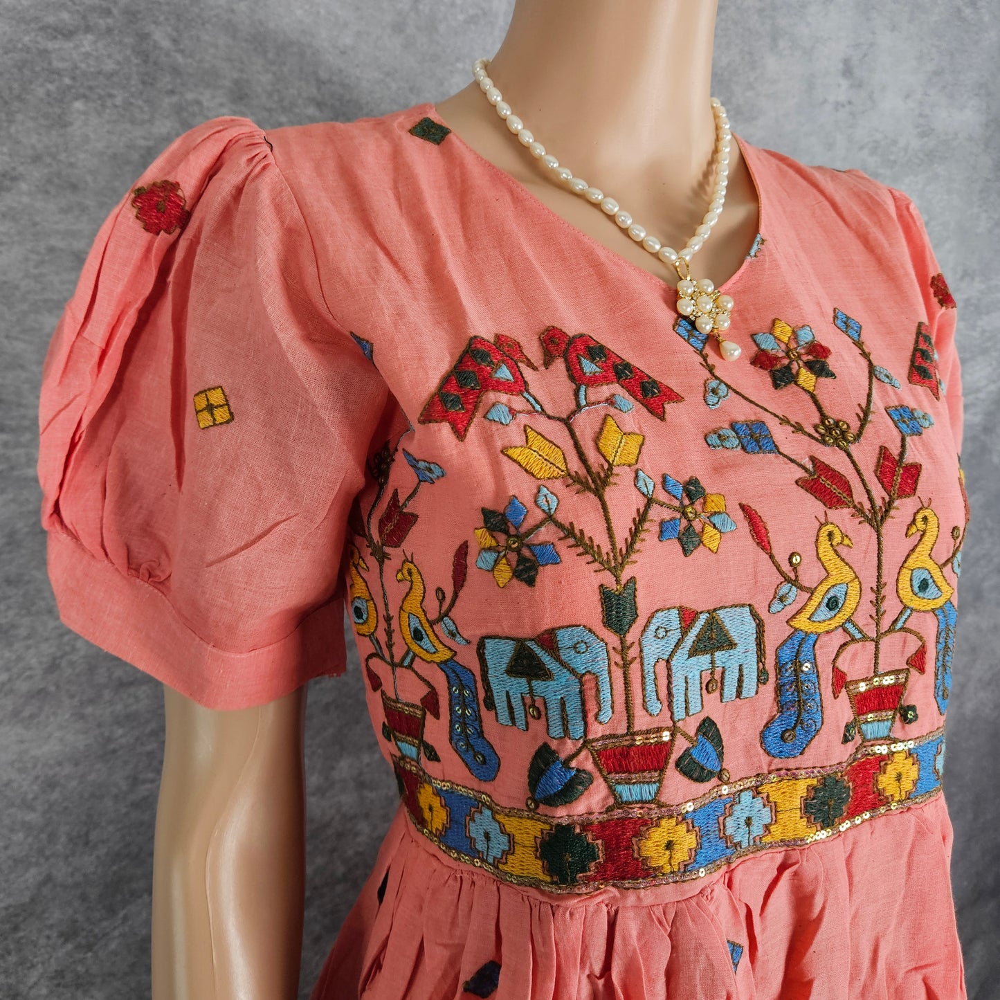 Pastel Peach Kora Embroidery Frock