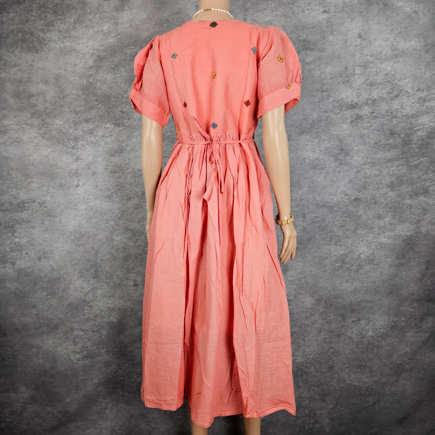 Pastel Peach Kora Embroidery Frock