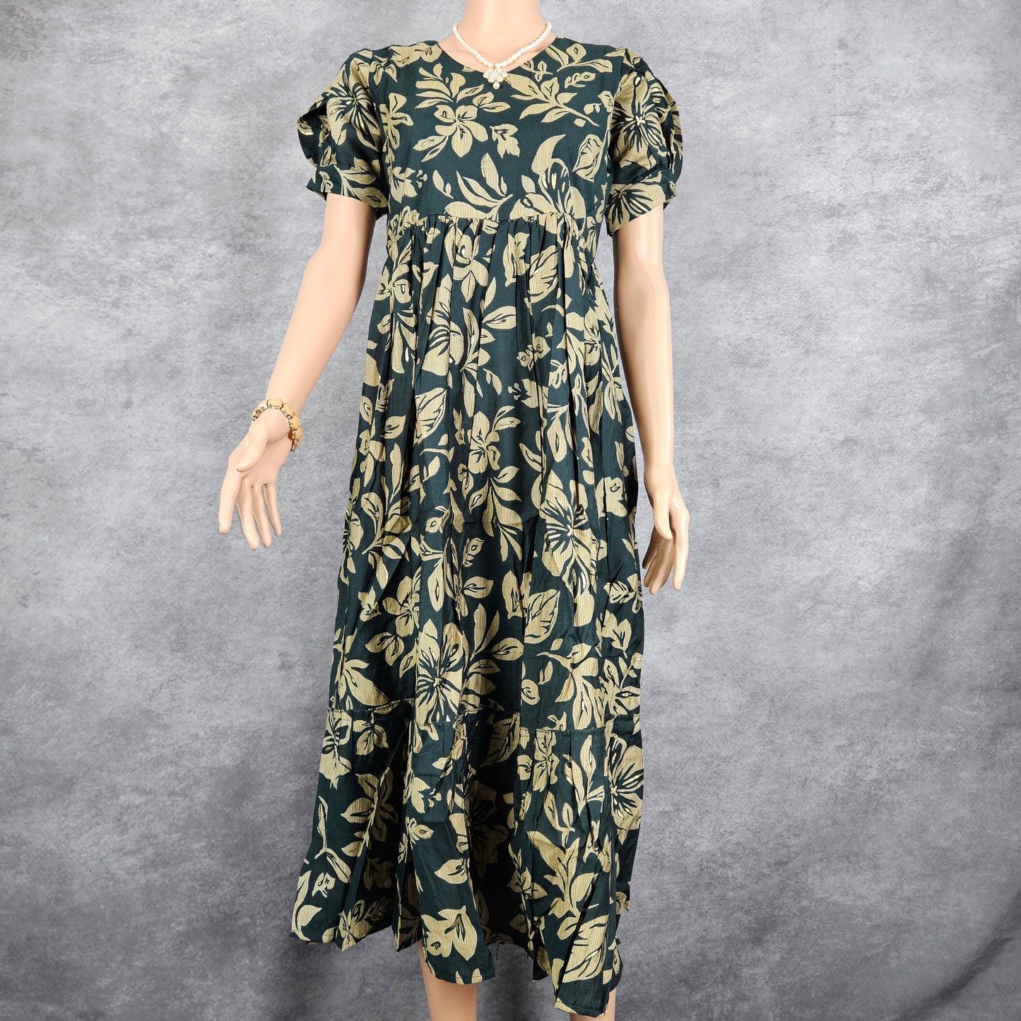 Dark Green & Gold Floral Vertican Frock