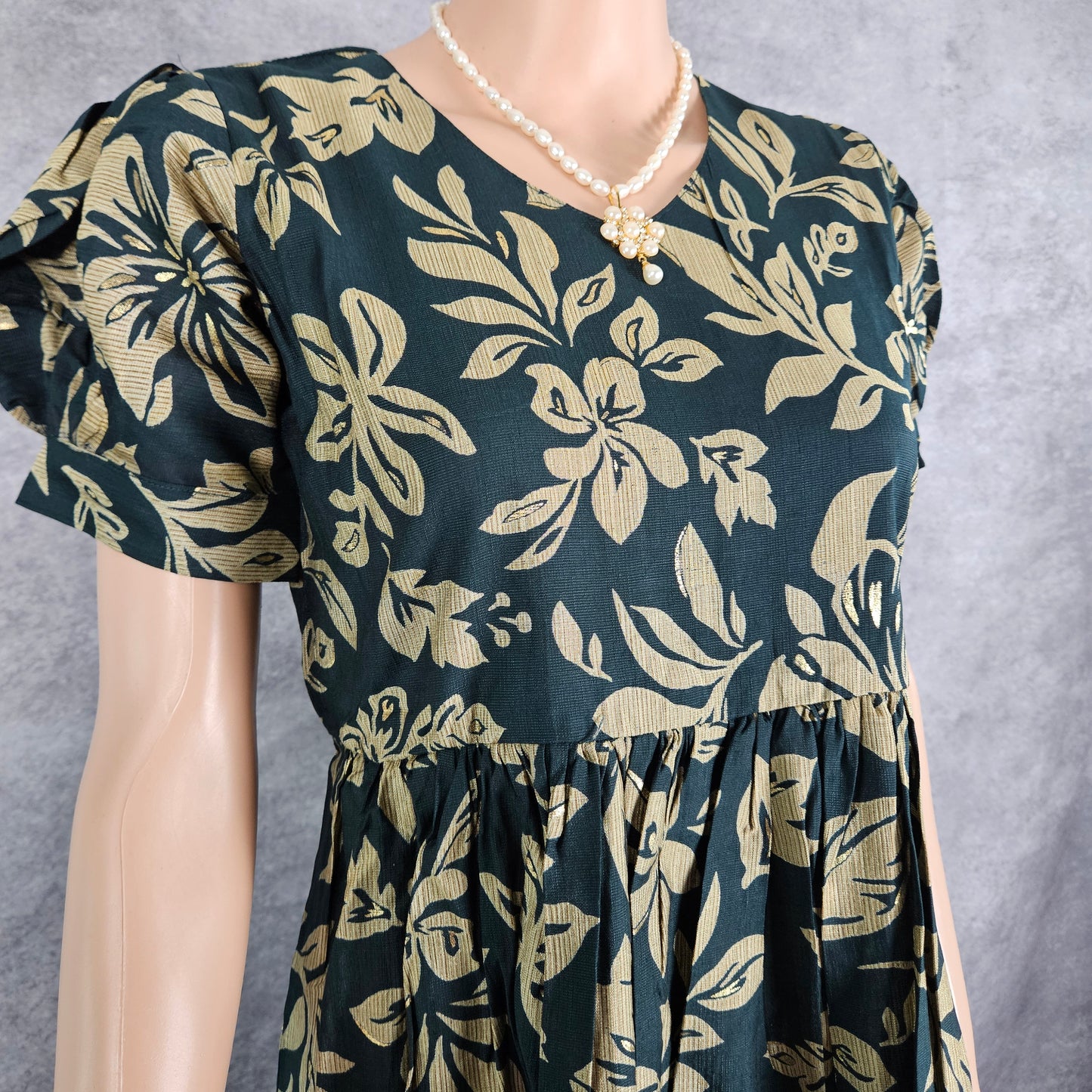 Dark Green & Gold Floral Vertican Frock