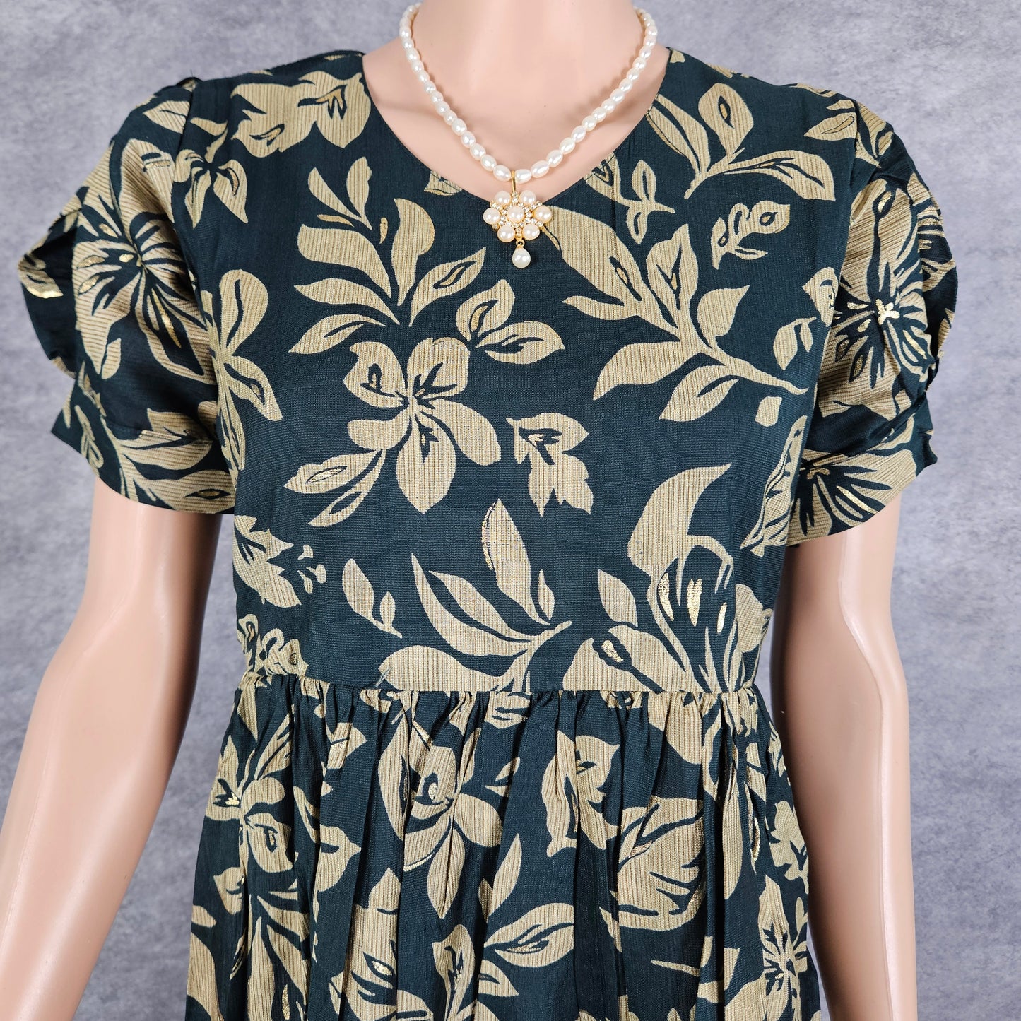 Dark Green & Gold Floral Vertican Frock