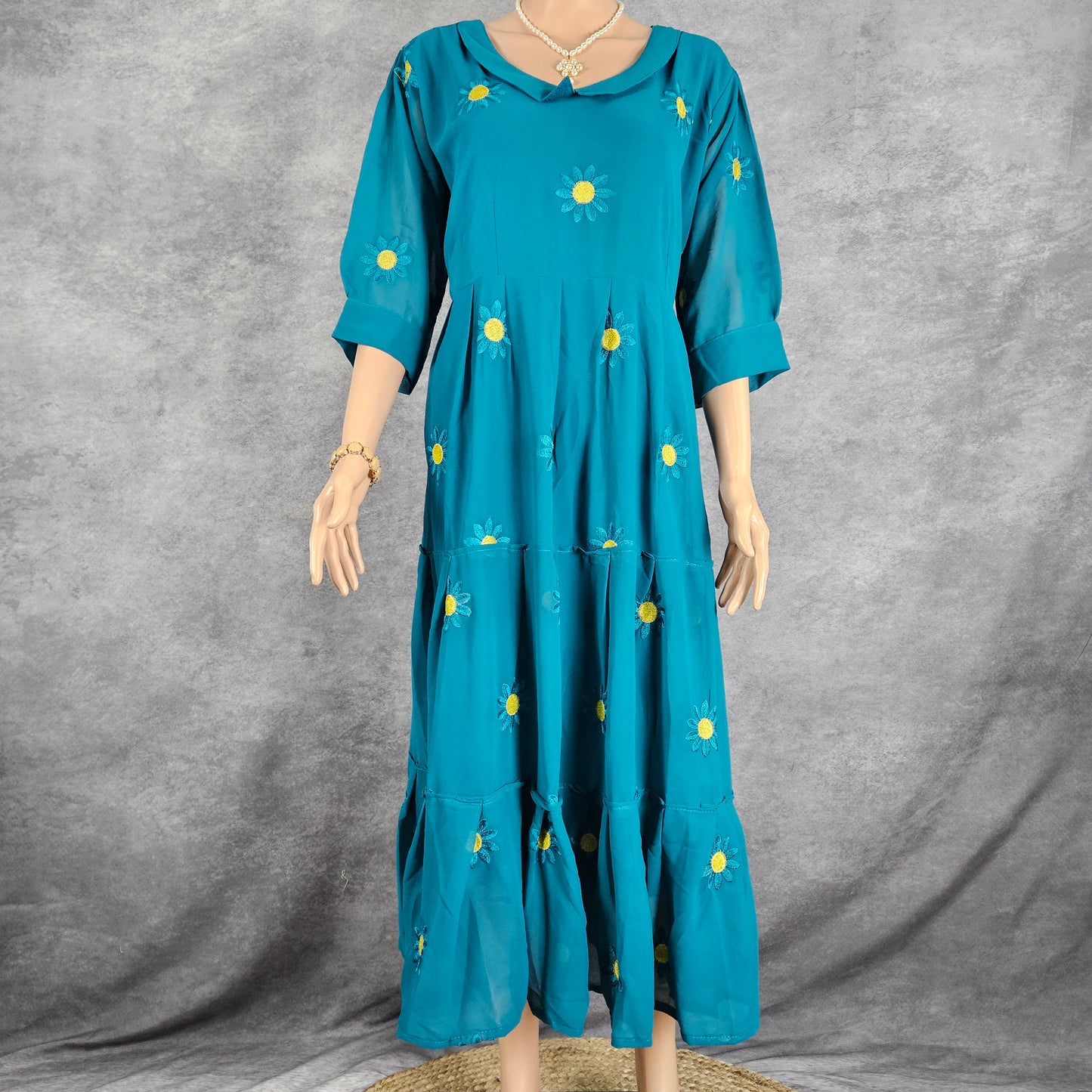 Turqouise Blue Georgette Sunflower Frock