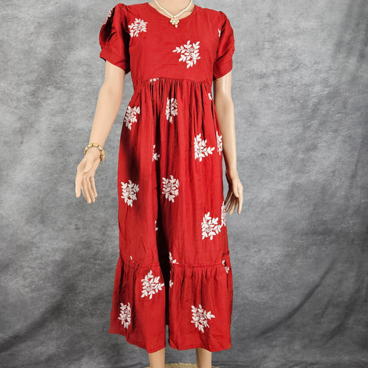 Brick Red Linen Embroidery Frock