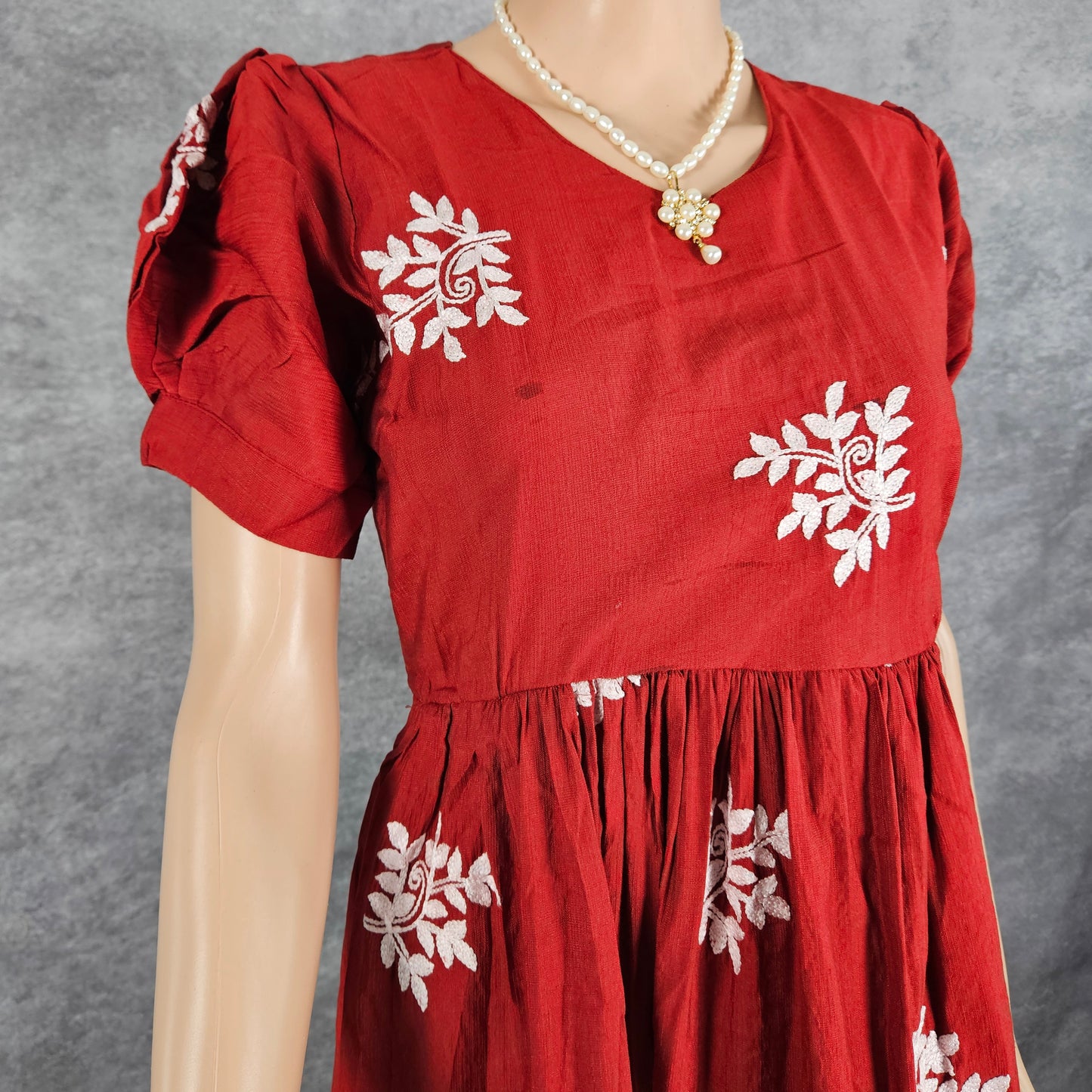 Brick Red Linen Embroidery Frock