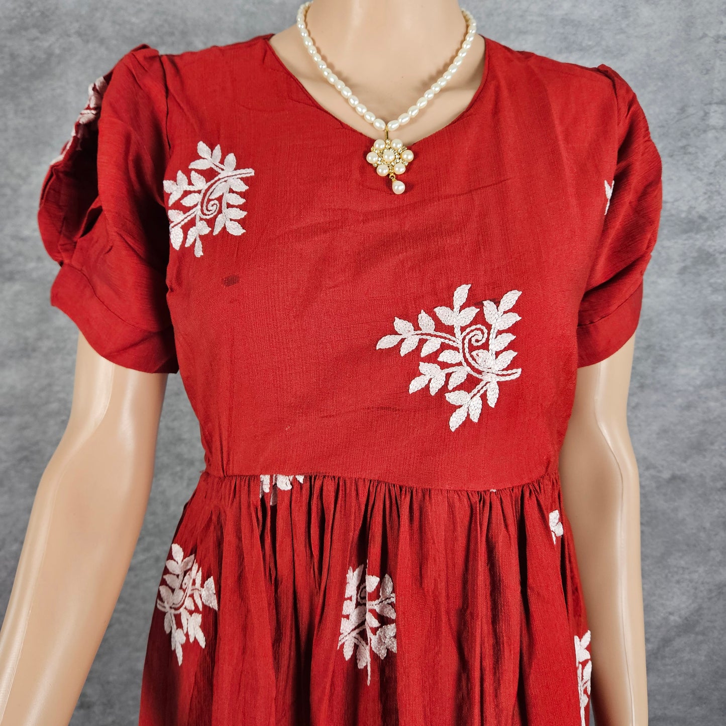 Brick Red Linen Embroidery Frock