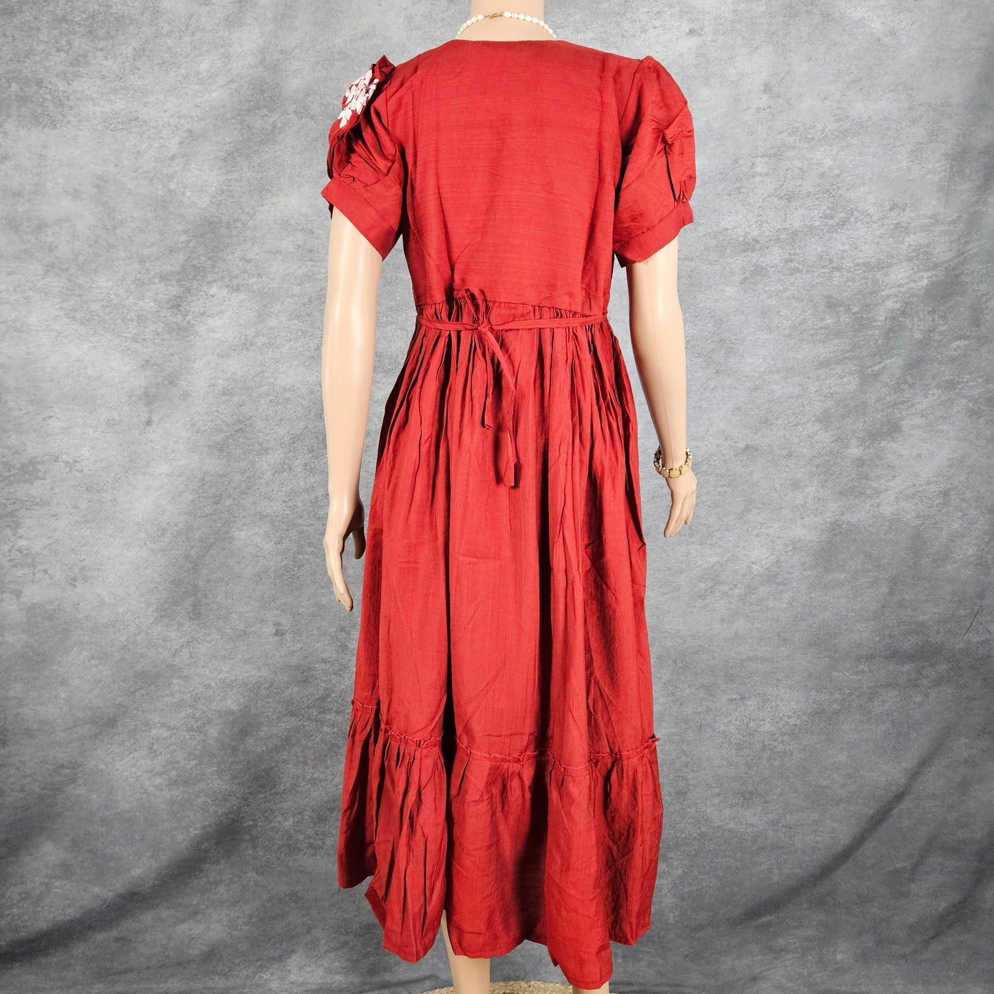 Brick Red Linen Embroidery Frock