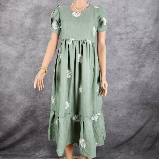 Mint Green Linen Embroidery Frock