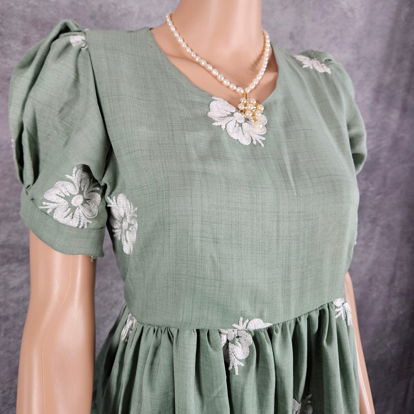 Mint Green Linen Embroidery Frock