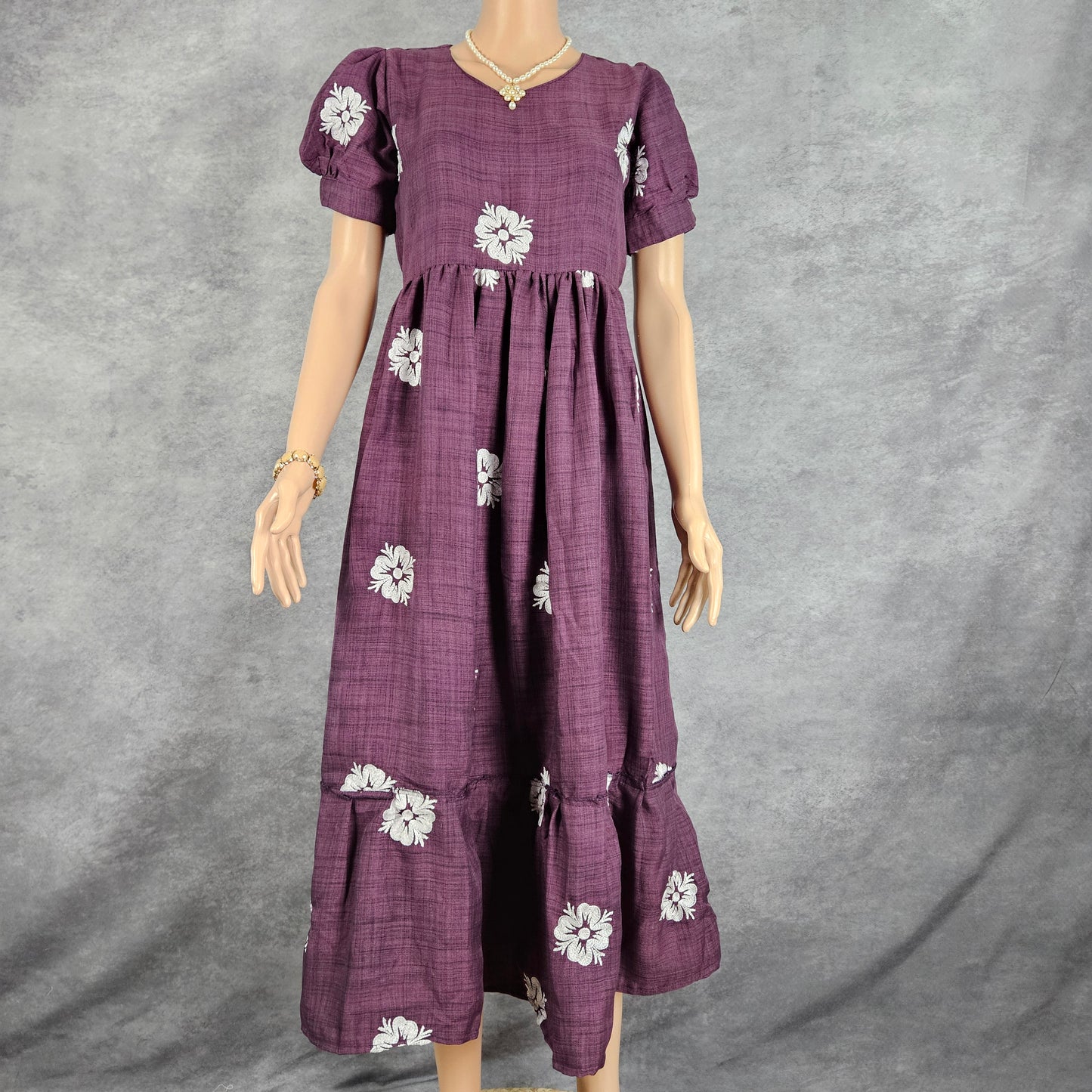 Wine Linen Embroidery Frock