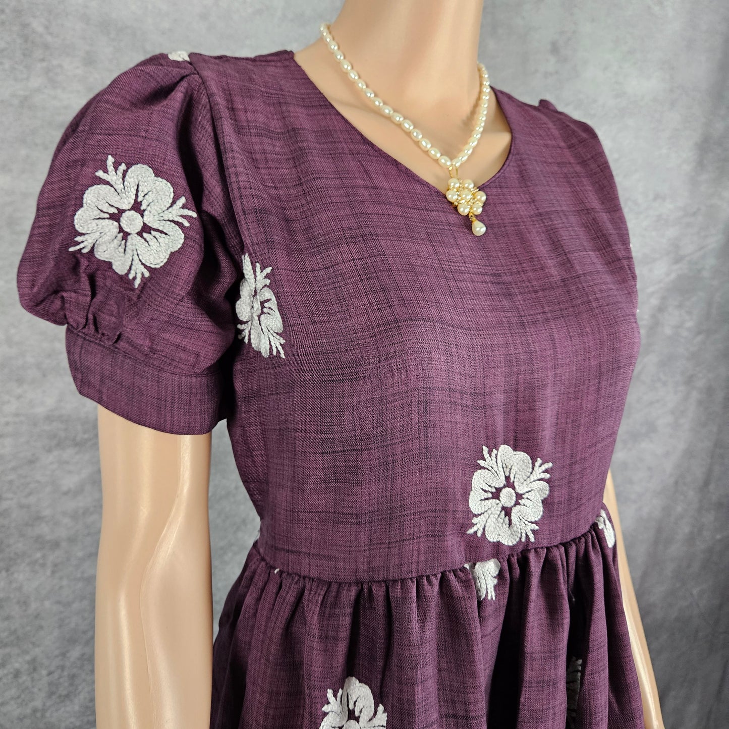 Wine Linen Embroidery Frock