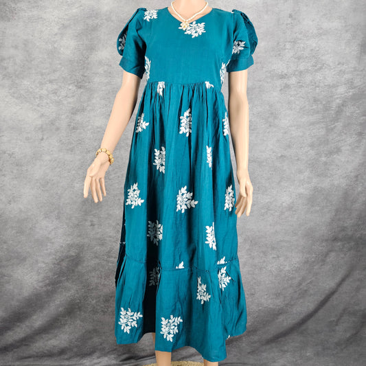 Turqouise Blue Linen Embroidery Frock