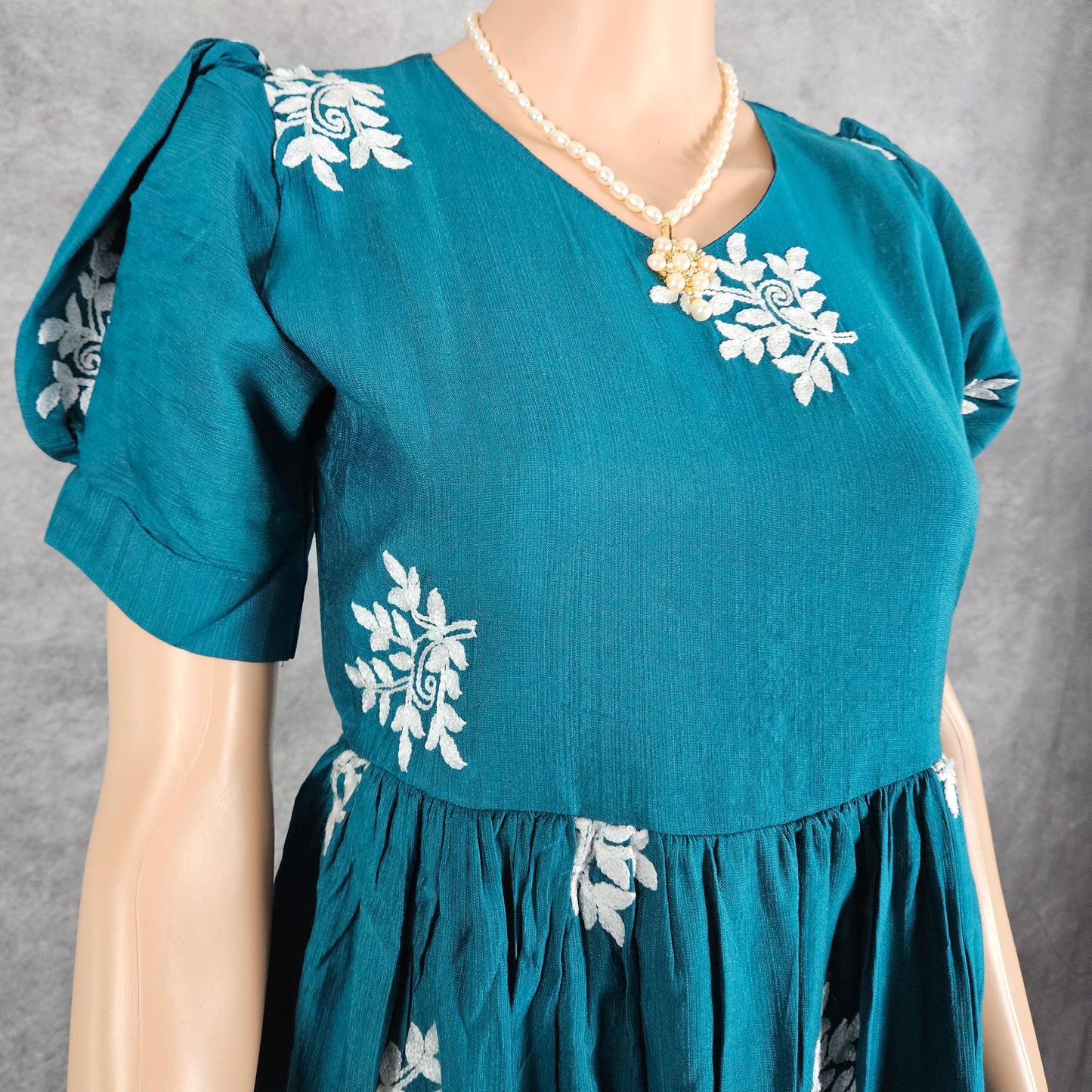 Turqouise Blue Linen Embroidery Frock