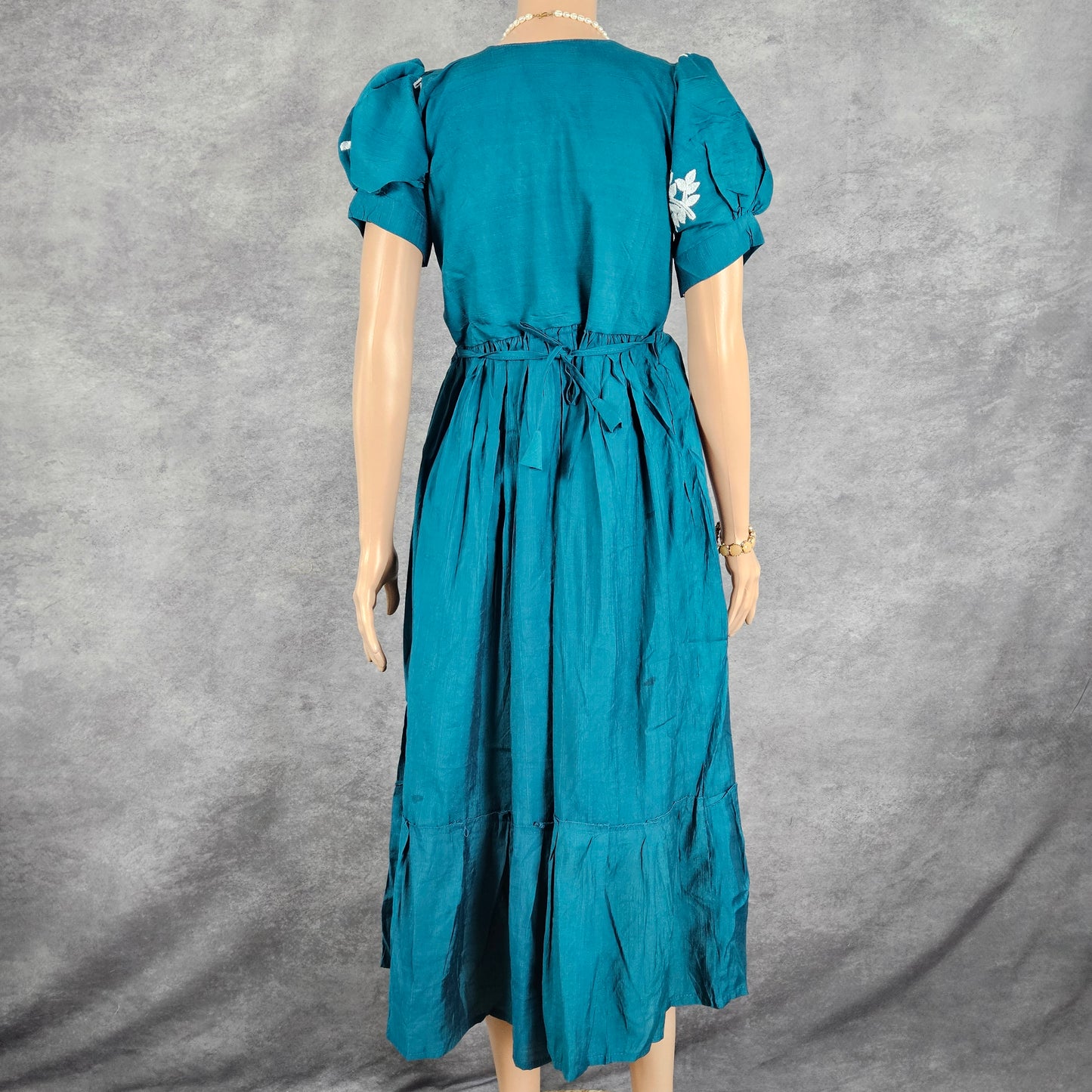 Turqouise Blue Linen Embroidery Frock