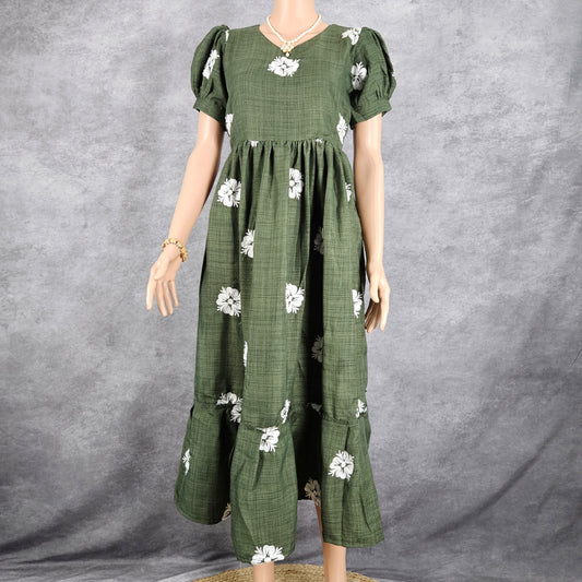 Jade Green Linen Embroidery Frock