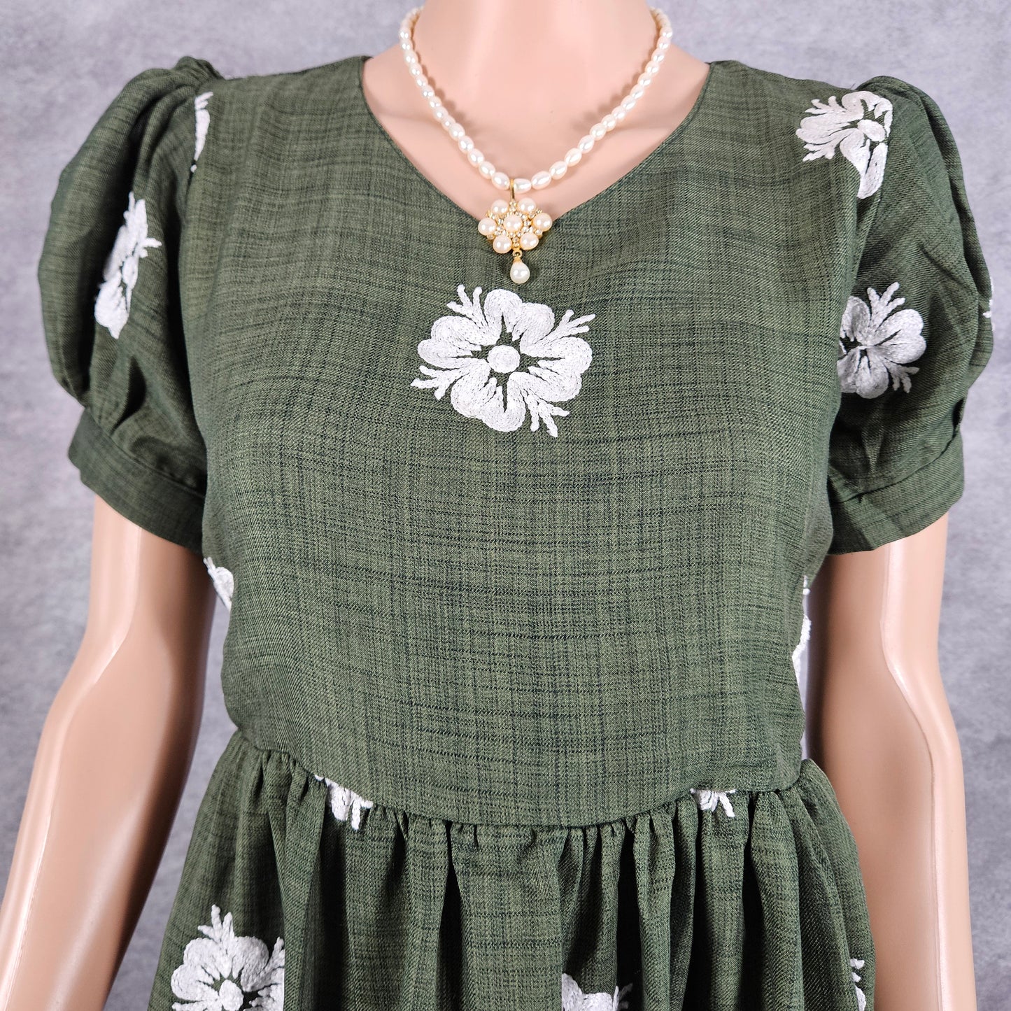 Jade Green Linen Embroidery Frock