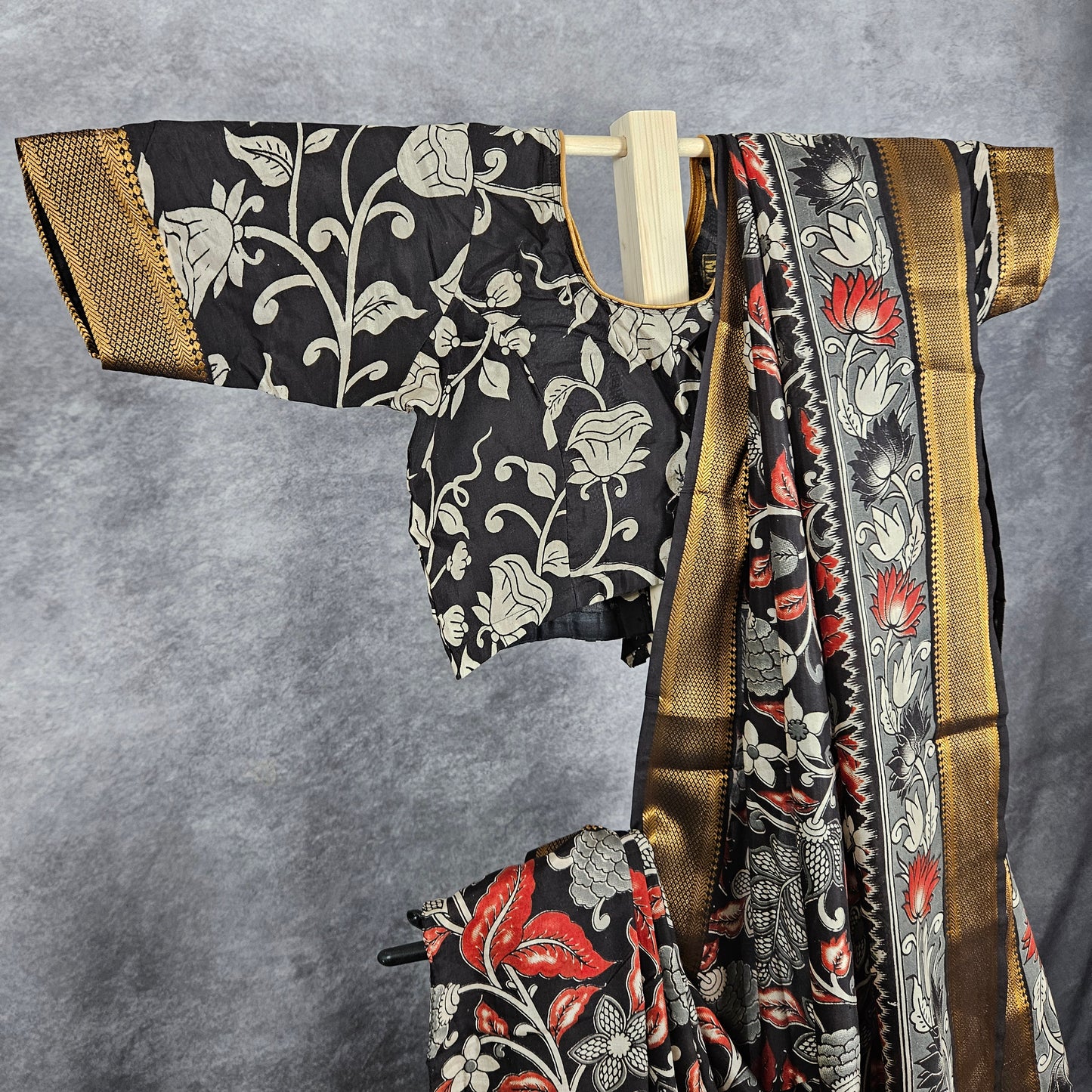 Metallic Golden Black Kalamkari Silk Saree