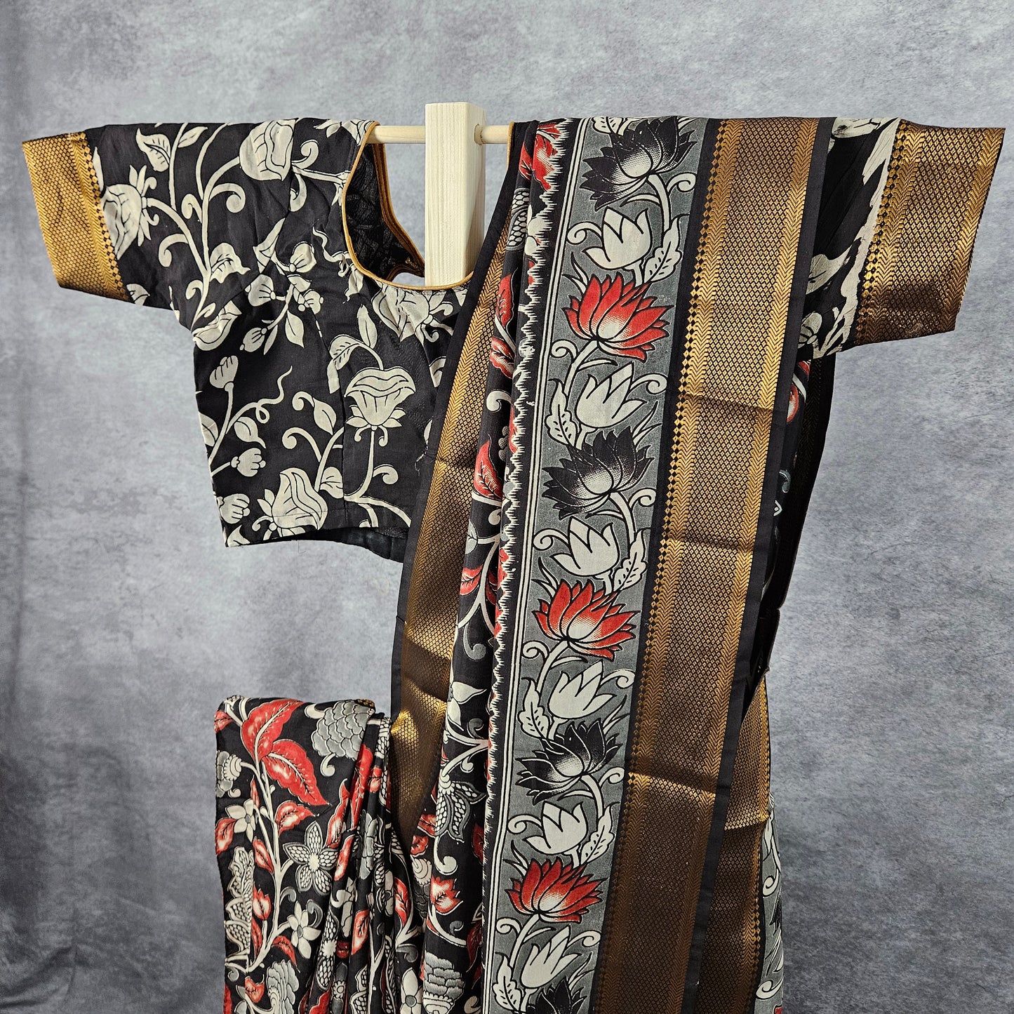 Metallic Golden Black Kalamkari Silk Saree