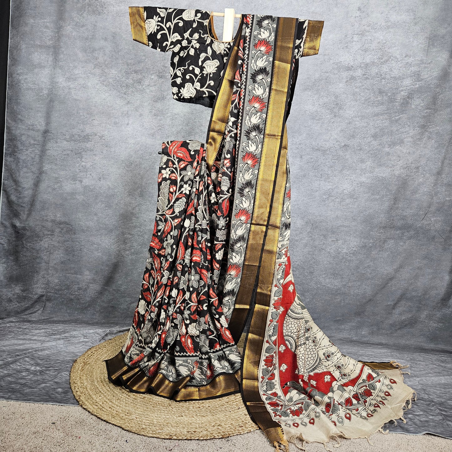 Metallic Golden Black Kalamkari Silk Saree
