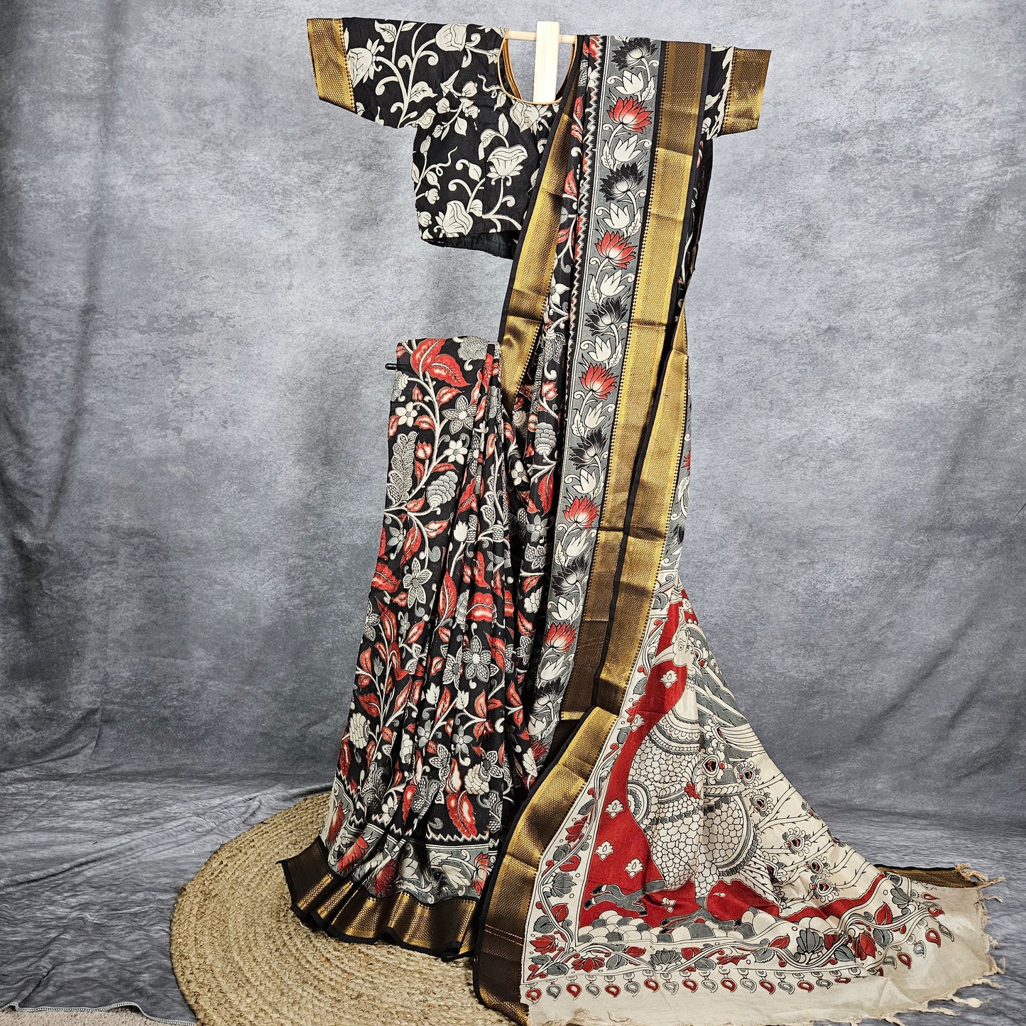 Metallic Golden Black Kalamkari Silk Saree