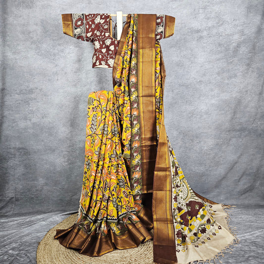 Citrine Yellow Kalamkari Silk Saree