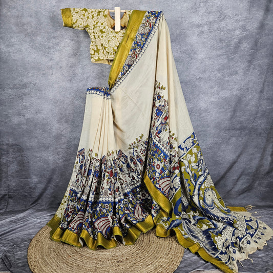 Bright Cream Chennur Kalamkari Silk Saree