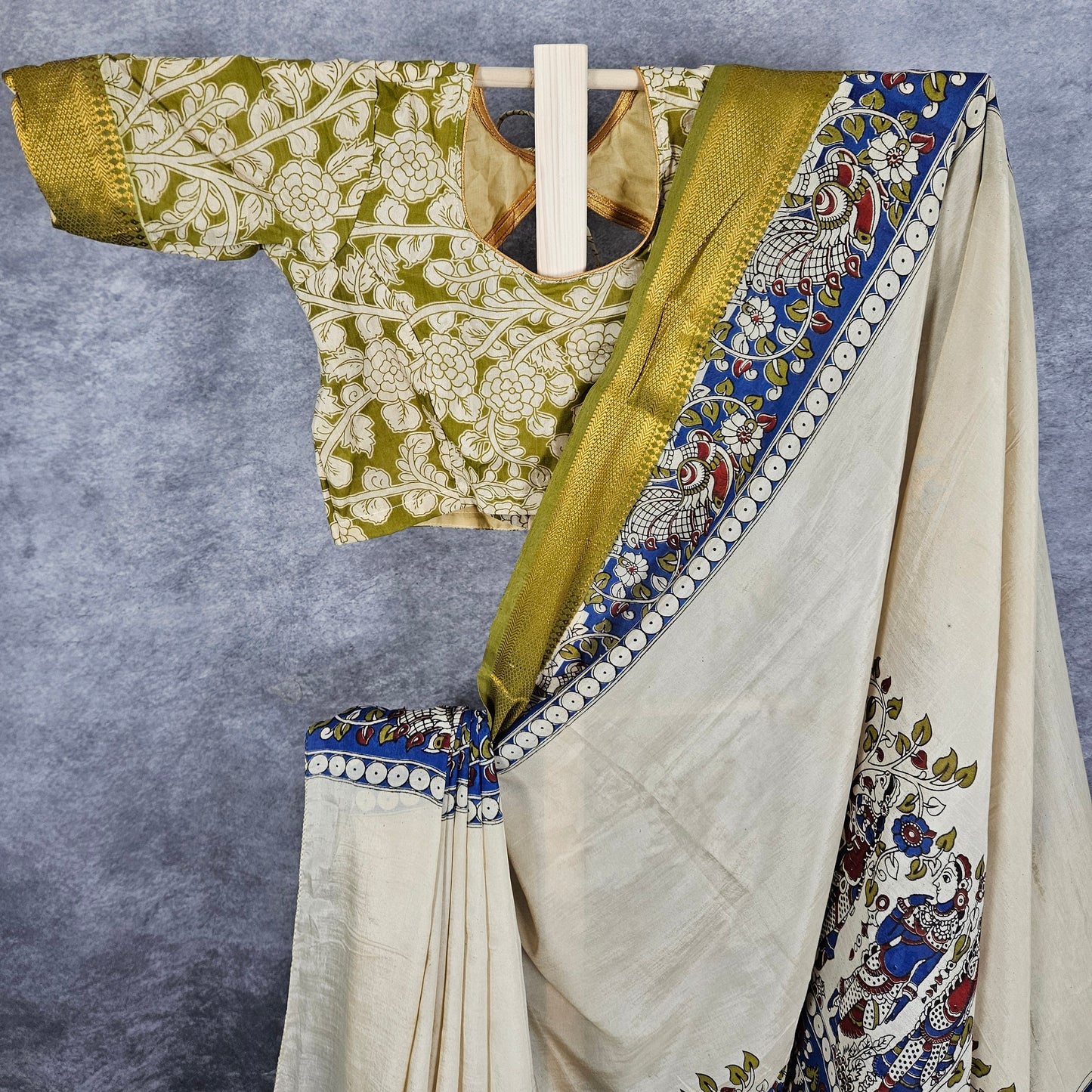 Bright Cream Chennur Kalamkari Silk Saree