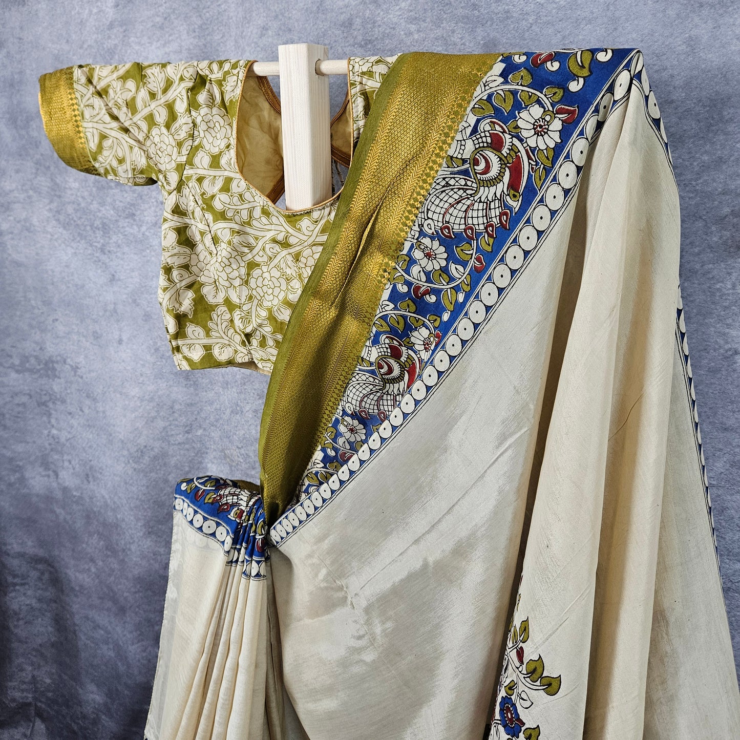 Bright Cream Chennur Kalamkari Silk Saree