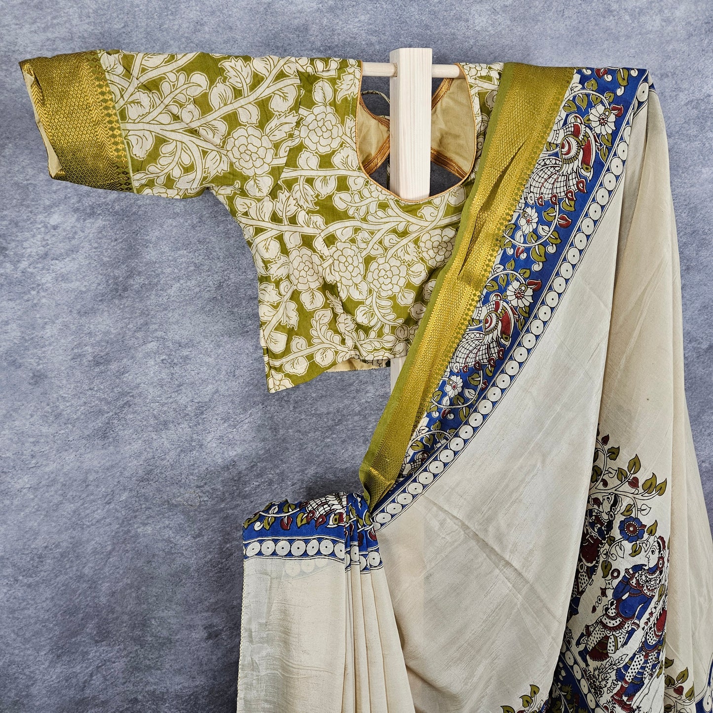 Bright Cream Chennur Kalamkari Silk Saree