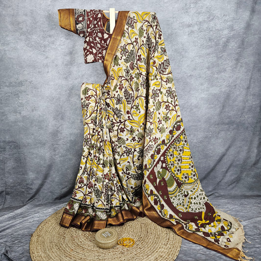 Frosted Fern Green Kalamkari Silk Saree