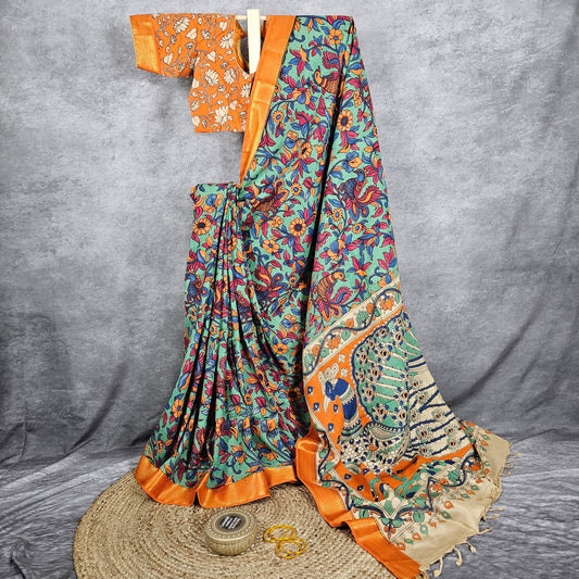 Rust Orange/Hunter Green Kalamkari Silk Saree