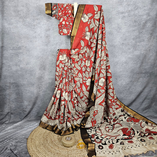 Plasma Red Kalamkari Silk Saree