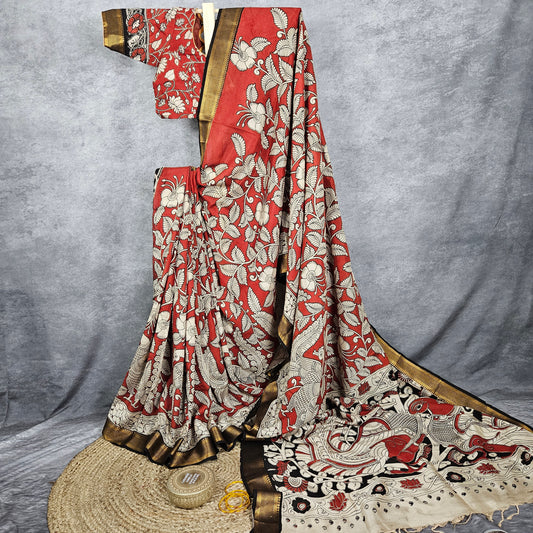 Plasma Red Kalamkari Silk Saree