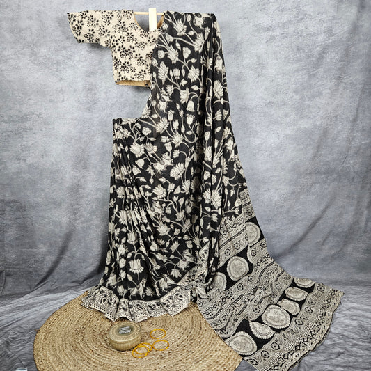 Onyx Black Kalamkari Silk Saree