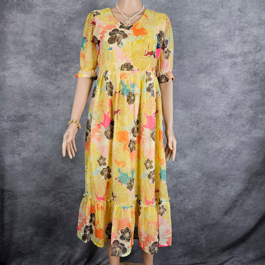 Bolt Yellow Black Floral Georgette Frock