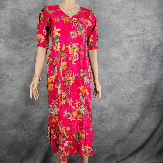 Dark Pink Multi Color Floral Vertican Frock
