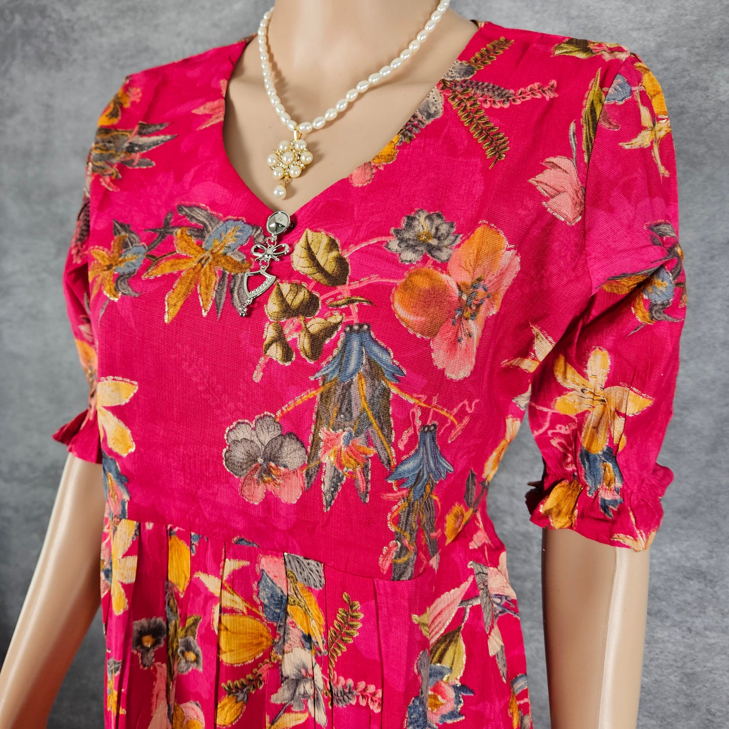 Dark Pink Multi Color Floral Vertican Frock