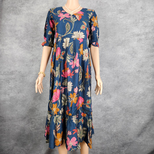 Dark Blue Multi Color Floral Vertican Frock