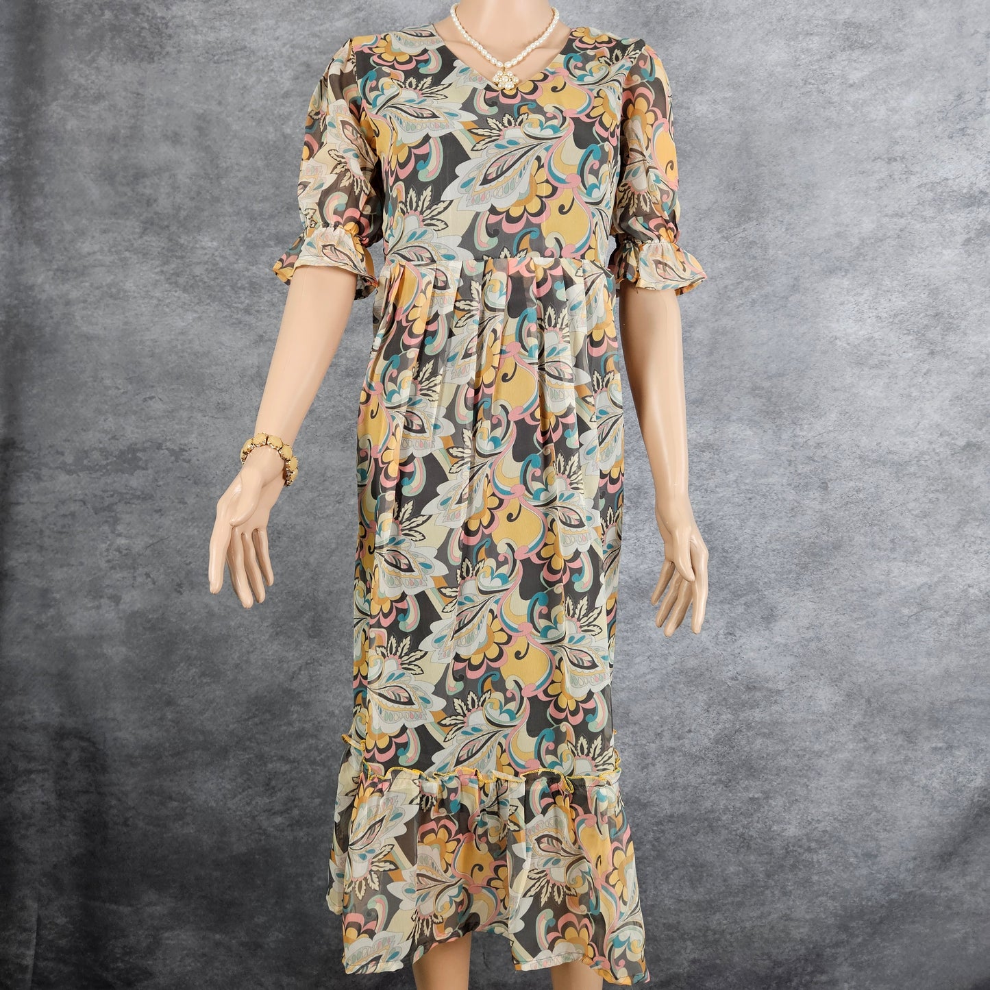 Dark Grey Yellow Georgette Frock