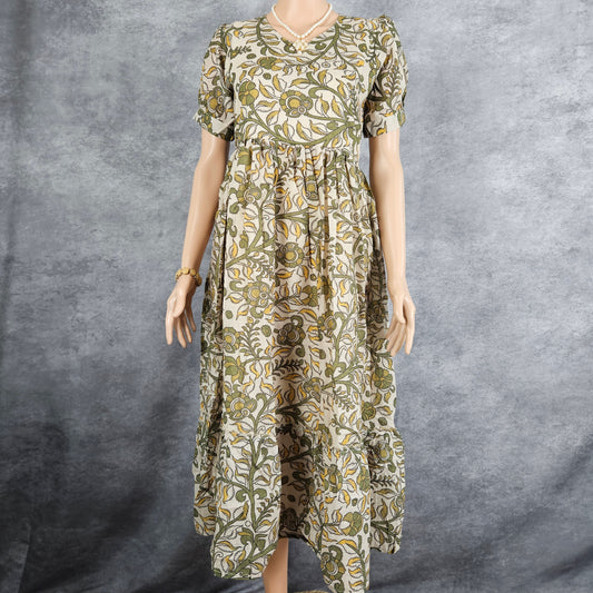Cream Olive Green Cotton Frock