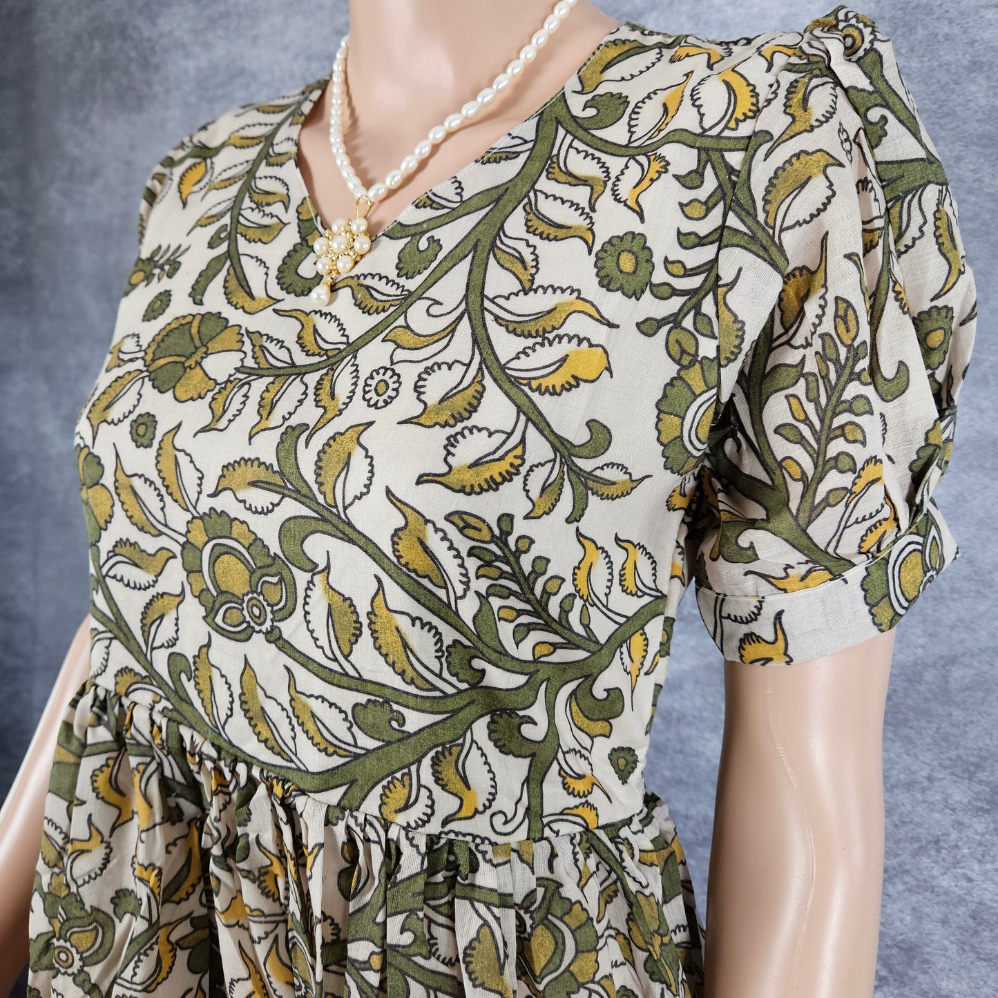 Cream Olive Green Cotton Frock