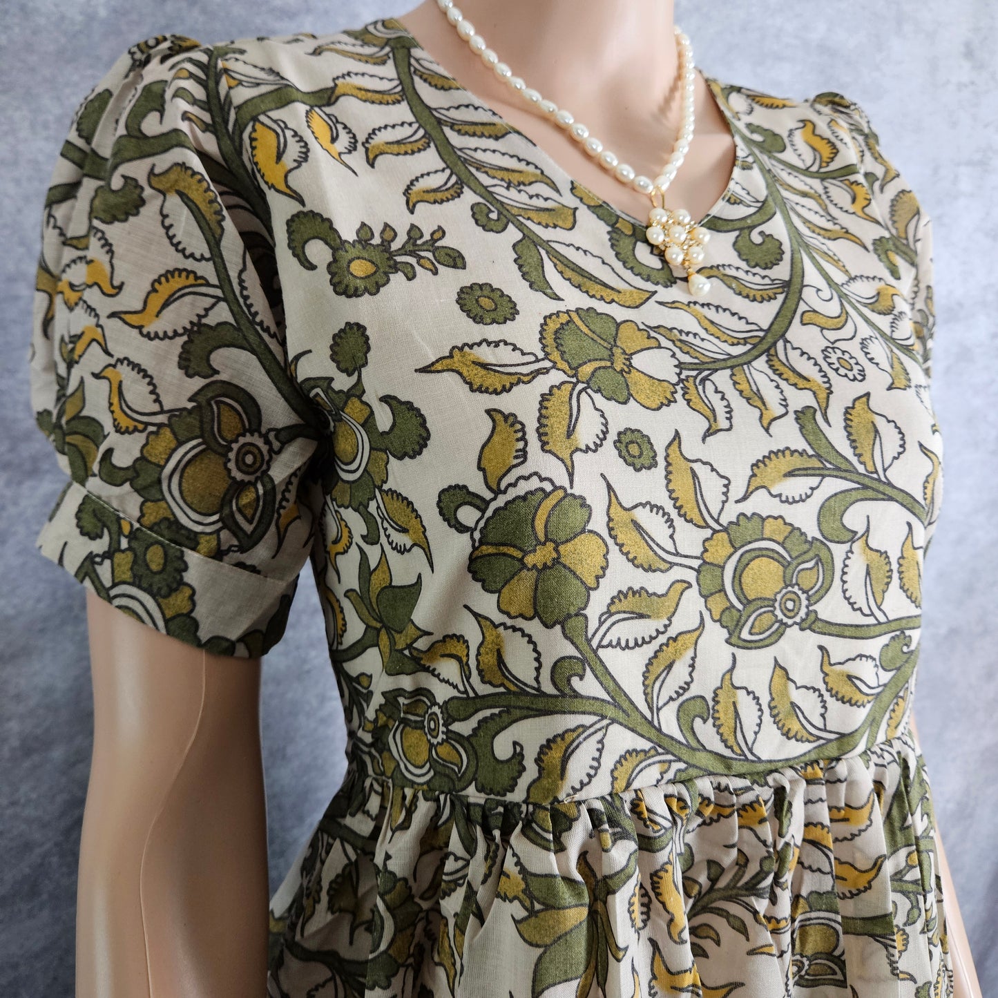 Cream Olive Green Cotton Frock
