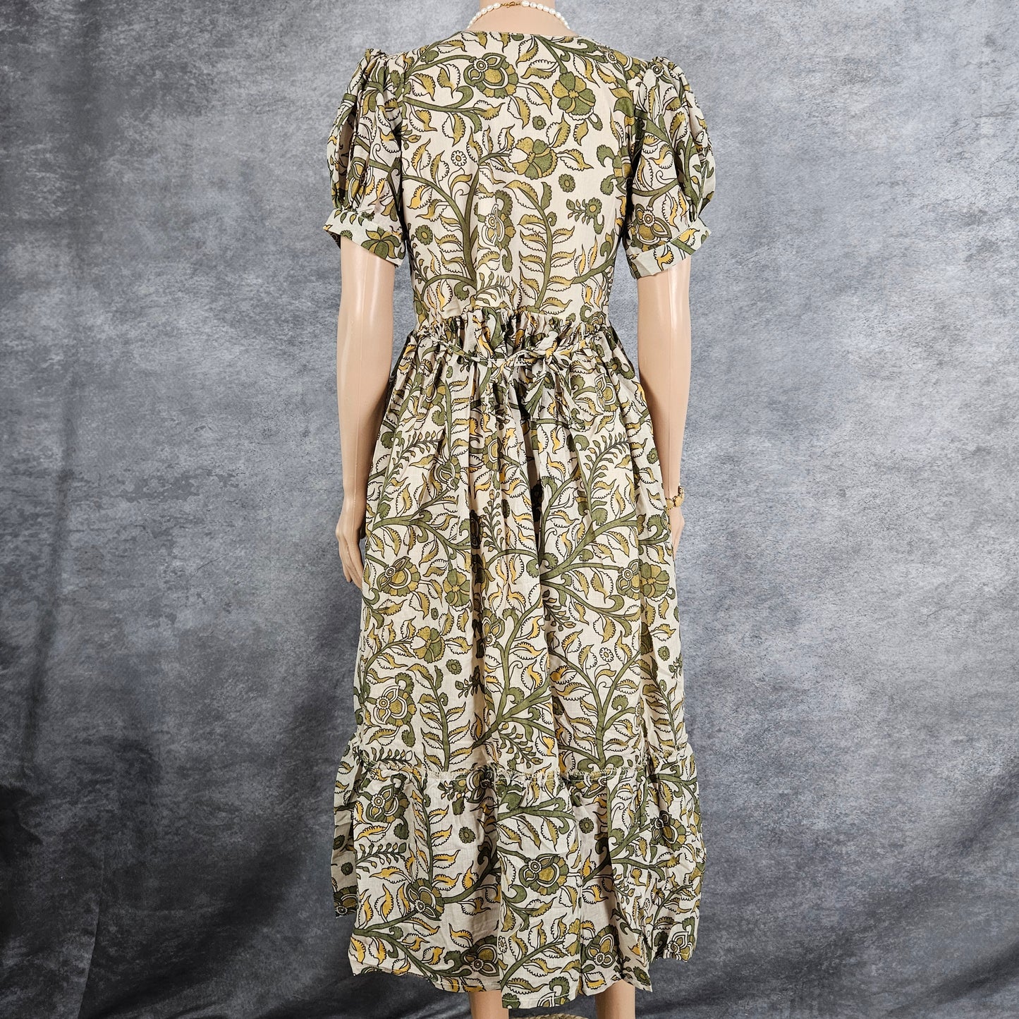Cream Olive Green Cotton Frock