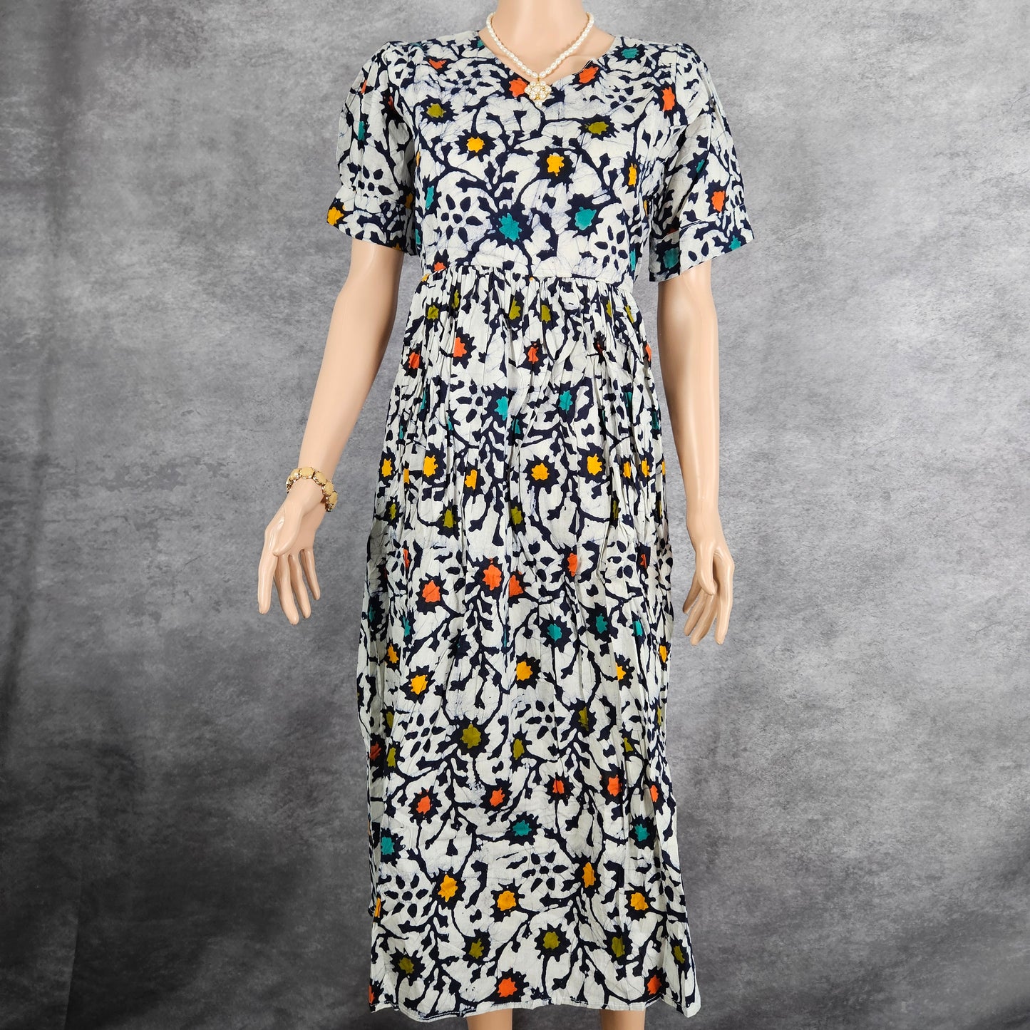 White Navy Blue Multi Color Cotton Frock