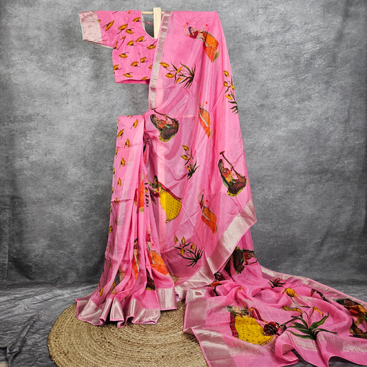 Carnation Pink Mangalagiri Saree