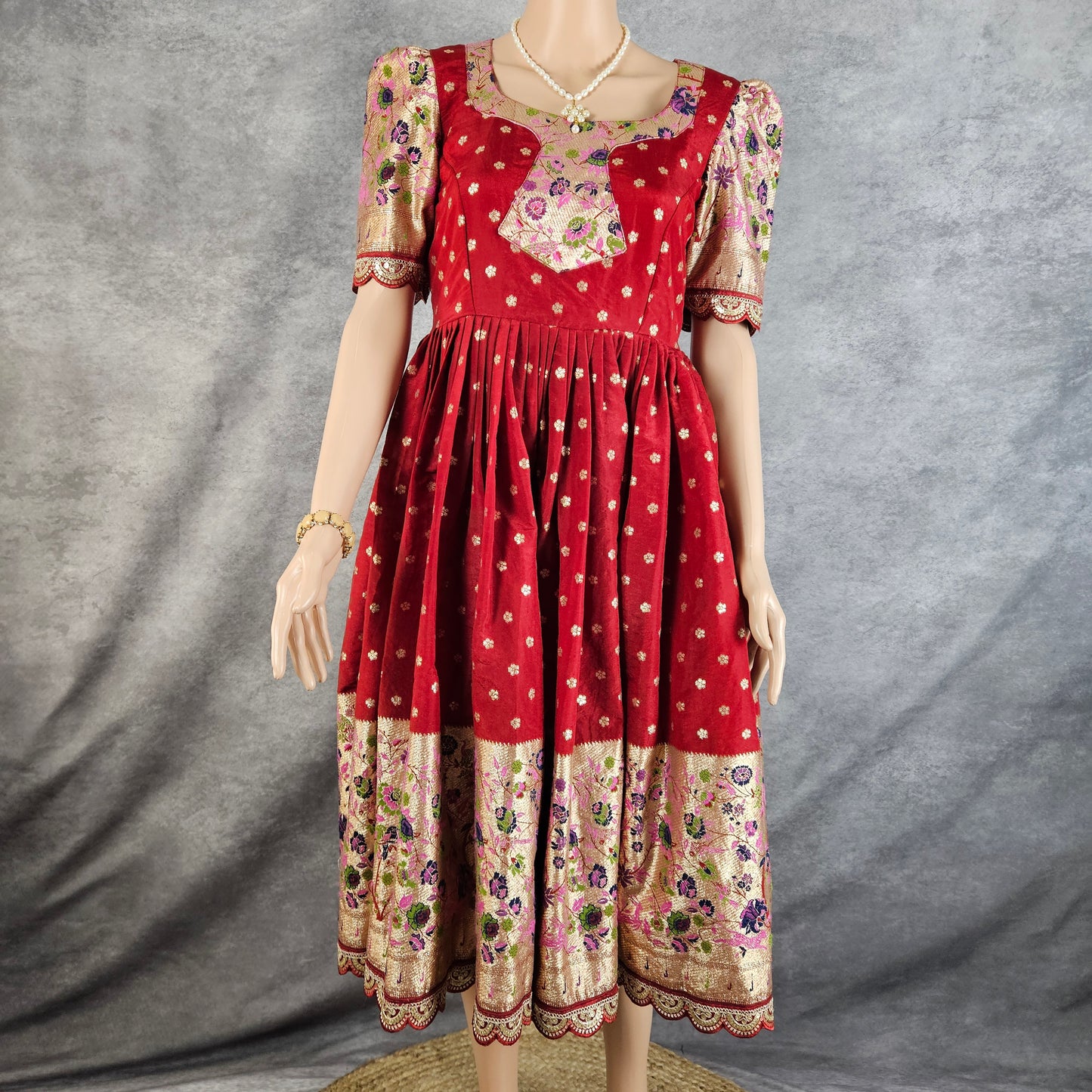 Carmine Red Paithani Frock